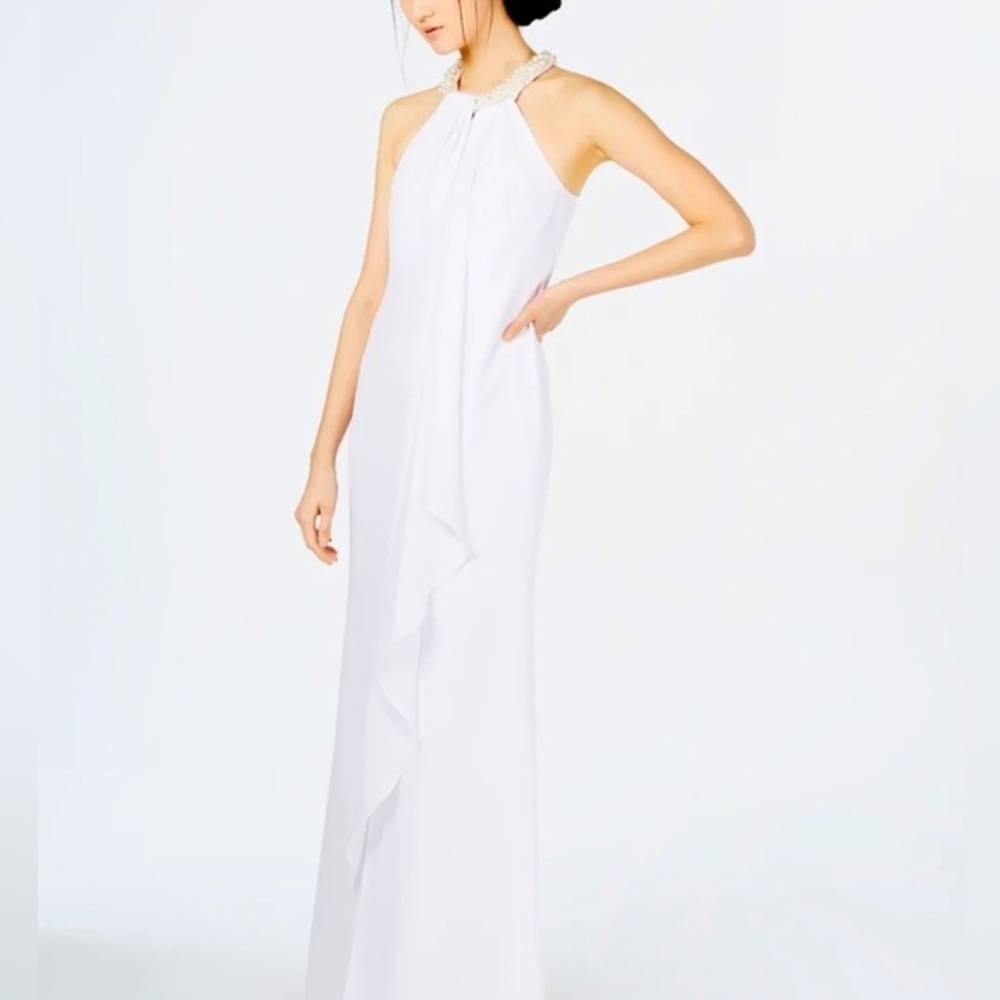 Calvin Klein Women’s Pearl Halter Neck Ruffle Gown wedding dress white 4